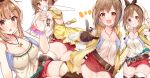  1girl atelier_(series) atelier_ryza beret breasts brown_eyes brown_hair cleavage hair_ornament hairclip hat jewelry navel omuretsu pendant pointing reisalin_stout shorts smile thighhighs vial 