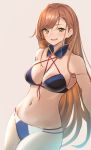 1girl :d bangs bare_shoulders beatrix_(granblue_fantasy) bikini black_bikini blue_hair blush breasts brown_eyes brown_hair cleavage collarbone cowboy_shot eyebrows_visible_through_hair gradient_hair granblue_fantasy grey_background highres long_hair medium_breasts multicolored_hair navel open_mouth outstretched_arm renzu_(lens_02) self_shot simple_background smile solo stomach swept_bangs swimsuit very_long_hair 