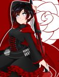  1girl absurdres arm_up black_hair blue_eyes blush breasts cape closed_mouth corset doopiedoover eyebrows_visible_through_hair highres holding holding_weapon looking_at_viewer medium_breasts multicolored_hair red_cape red_hair ruby_rose rwby short_hair smile solo two-tone_hair weapon 