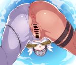  1girl angewomon anus ass bar_censor blue_sky blush censored cloud commentary_request digimon from_below helmet highres looking_at_viewer nbo parted_lips pussy sky solo thigh_strap 