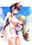  2girls :&lt; age_difference ahoge akashi_(azur_lane) animal_ears atago_(azur_lane) atago_(midsummer_march)_(azur_lane) azur_lane bikini blue_sky blue_swimsuit bow breasts brown_bow brown_hair closed_mouth cloud commentary day flat_chest flower green_hair hair_bow hair_flower hair_ornament hair_ribbon hand_on_another&#039;s_head height_difference highres large_breasts long_hair looking_at_another looking_at_viewer mole mole_under_eye multiple_girls old_school_swimsuit one-piece_swimsuit ribbon school_swimsuit signature sky smile standing swimsuit triangle_purasu very_long_hair white_bikini white_ribbon yellow_eyes 