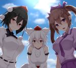  3girls :o animal_ear_fluff animal_ears bare_shoulders belt black_hair black_neckwear blue_sky blush breasts brown_hair cloud commentary day detached_sleeves eyebrows_visible_through_hair from_below hair_between_eyes hair_ribbon hat highres himekaidou_hatate inubashiri_momiji large_breasts leaning_forward medium_breasts multiple_girls neck_ribbon necktie open_mouth outdoors pointy_ears pom_pom_(clothes) puffy_short_sleeves puffy_sleeves purple_eyes purple_headwear purple_neckwear purple_shirt purple_skirt red_eyes red_headwear red_skirt ribbon shameimaru_aya shirt short_hair short_sleeves skirt sky smile standing tail tokin_hat touhou two_side_up untucked_shirt upper_body v_arms white_hair white_shirt wolf_ears wolf_tail wuwusan 