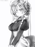  1girl apron azur_lane bad_id bad_twitter_id breasts closed_mouth covered_nipples dress greyscale highres jitome juliet_sleeves large_breasts long_sleeves looking_at_viewer maid maid_apron monochrome nanashi_(nlo74593630) puffy_sleeves sheffield_(azur_lane) short_hair simple_background solo v_arms white_background 