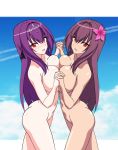  2girls ass bangs blue_sky blush breast_press breasts collarbone fate/grand_order fate_(series) flower hair_between_eyes hair_flower hair_intakes hair_ornament hibiscus highres holding_hands interlocked_fingers large_breasts long_hair looking_at_viewer multiple_girls navel nude open_mouth purple_hair red_eyes rudouhun scathach_(fate)_(all) scathach_(swimsuit_assassin)_(fate) scathach_skadi_(fate/grand_order) sky smile symmetrical_docking thighs tiara 