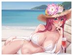  1girl animal_ears azur_lane bangs bare_shoulders beach bikini border breasts cleavage collarbone cup day deck_chair drink drinking_glass eyebrows_visible_through_hair flower grey-framed_eyewear hair_between_eyes hand_on_hip hand_on_own_chin hat hat_flower hat_ornament highres large_breasts long_hair long_sleeves looking_at_viewer nakid navel ocean outdoors parted_lips pink-tinted_eyewear pink_flower pink_hair smile solo stomach straw_hat sun_hat sunglasses surcouf_(azur_lane) surcouf_(loisirs_balneaires)_(azur_lane) swimsuit thighs very_long_hair water white_bikini white_border white_flower yellow_flower 