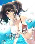  1girl bikini blue_sky blurry breasts brown_eyes brown_hair cloud cowboy_shot day depth_of_field droplet ena_(hui_jia) kantai_collection large_breasts liquid looking_at_viewer open_mouth outdoors sendai_(kantai_collection) short_hair sky smile solo swimsuit twitter_username two-tone_bikini two_side_up 