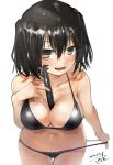  1girl between_breasts bikini black_bikini black_hair breasts brown_eyes cleavage collarbone commentary_request cowboy_shot dated kantai_collection leaning_forward looking_at_viewer medium_breasts sendai_(kantai_collection) short_hair side-tie_bikini signature simple_background solo swimsuit thigh_gap toka_(marchlizard) torpedo two_side_up white_background 