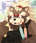  2020 anthro biped blush brown_body brown_fur canid canine fur goemon_(tas) hi_res humanoid_hands kemono mammal overweight overweight_anthro raccoon_dog solo tanuki tokyo_afterschool_summoners tsurugi video_games 