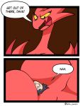  absurd_res between_breasts big_breasts breasts comic dave_(satina) demon dialogue duo female hi_res human inker_comics larger_female lucia_(satina) macro male male/female mammal not_furry nude red_body size_difference smaller_male 