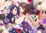  2girls :d ahoge animal ascot azur_lane balloon bangs bare_shoulders black_footwear black_legwear blurry blurry_foreground blush breasts brown_hair cleavage closed_mouth clothed_animal collared_shirt commentary_request depth_of_field double_bun dress eyebrows_visible_through_hair feather_boa flower food food_on_face hair_ornament hairband hand_up highres jacket large_breasts long_hair multiple_girls ning_hai_(azur_lane) open_clothes open_jacket open_mouth panda pantyhose ping_hai_(azur_lane) purple_eyes purple_flower purple_hair purple_hairband purple_neckwear purple_rose red_eyes red_flower rose shirt shoes sleeveless sleeveless_dress smile swept_bangs very_long_hair white_dress white_jacket white_shirt x_hair_ornament yuko_(uc_yuk) 