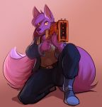  aiming_at_viewer anthro belt boots bottomwear breasts canid canine chest_tuft clothed clothing female fluffy fluffy_tail footwear fox fully_clothed fur gun hair holding_object holding_weapon jacket jdl_werewolf kneeling laser_gun long_hair looking_at_viewer mammal pants pink_background purple_body purple_fur purple_hair ranged_weapon rifle shirt simple_background solo topwear tuft weapon yellow_sclera 
