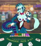  absurd_res anthro blackjack_(disambiguation) blue_body blue_skin breasts card english_text eyewear female genitals glasses growingdragon hi_res lizard maren_(tenpoundhammer) non-mammal_breasts playing_card purple_body purple_skin pussy reptile scalie solo tail_tuft text tuft 