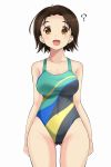  1girl :d ? ass_visible_through_thighs bangs brown_eyes brown_hair covered_navel cowboy_shot girls_und_panzer highres light_blush looking_at_viewer multicolored multicolored_clothes multicolored_swimsuit nana_(manaita_koumuten) one-piece_swimsuit open_mouth parted_bangs sawa_azusa short_hair simple_background smile solo standing swimsuit white_background 