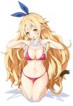  1girl barefoot bikini bikini_day blonde_hair breasts cat_tail disgaea hair_ornament hair_ribbon hairband iwasi-r large_breasts liezerota long_hair looking_at_viewer makai_senki_disgaea_5 navel pointy_ears ribbon simple_background slit_pupils smile solo swimsuit tail very_long_hair white_background white_bikini yellow_eyes 