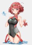  1girl absurdres aotsuba bangs bare_arms bare_shoulders black_swimsuit blush breasts chest_jewel cowboy_shot gem grey_background highres homura_(xenoblade_2) jewelry medium_breasts one-piece_swimsuit red_eyes red_hair short_hair simple_background solo starfish swept_bangs swimsuit tiara xenoblade_(series) xenoblade_2 