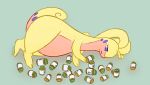  2020 ambiguous_gender big_tail blue_eyes digital_media_(artwork) dragon feral goodra lying nintendo nude on_side pill_bottle pink_body pok&eacute;mon pok&eacute;mon_(species) pyritie simple_background solo thick_tail thick_thighs video_games yellow_body 