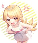  1girl absurdres angry bakemonogatari bare_arms bare_shoulders blonde_hair dress fang flat_chest hands_on_hips highres leaning_forward looking_at_viewer monogatari_(series) nam open_mouth oshino_shinobu smile solo white_dress yellow_eyes 