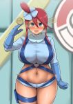  1girl arm_at_side blue_eyes blush breasts clenched_hand covered_nipples curvy empty_eyes fuuro_(pokemon) gloves gym_leader hair_between_eyes hair_ornament hand_up huge_breasts hypnosis leather_belt long_sleeves looking_at_viewer midriff mind_control motion_blur navel nose_blush open_mouth pendulum pokemon pokemon_(game) pokemon_bw pouch red_hair short_hair_with_long_locks short_shorts shorts smile solo sweat thigh_gap thigh_pouch v-shaped_eyebrows yamaori 