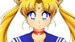  1girl bangs bishoujo_senshi_sailor_moon blonde_hair blue_eyes choker closed_mouth collarbone crescent crescent_choker crescent_earrings doopiedoover double_bun earrings expressionless eyebrows_visible_through_hair highres jewelry long_hair looking_at_viewer parted_bangs sailor_moon solo tsukino_usagi twintails upper_body wallpaper 
