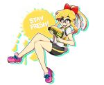  1girl bike_shorts black_shorts blonde_hair blush bow brown_eyes doopiedoover eyebrows_visible_through_hair fang full_body gun hair_bow highres holding holding_gun holding_weapon inkling long_hair looking_at_viewer open_mouth ponytail red_bow shirt shoes short_sleeves shorts sidelocks smile sneakers solo splatoon_(series) splatoon_1 tongue tongue_out weapon white_shirt 