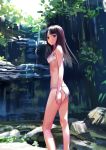  1girl bangs bare_arms bare_legs bikini bikini_day black_eyes black_hair blunt_bangs highres hime_cut looking_at_viewer midriff nishimura_eri original outdoors plant sketch solo swimsuit water waterfall white_bikini 