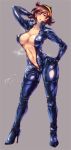  1girl absurdres azu_(azzz) black_bodysuit blue_eyes bodysuit breasts brown_hair catsuit center_opening cleavage covered_nipples full-length_zipper g_gundam gundam hairband highres latex navel rain_mikamura skin_tight solo unzipped zipper 