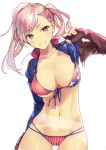  1girl absurdres american_flag american_flag_bikini american_flag_print ass_visible_through_thighs asymmetrical_hair bikini blue_eyes blue_ribbon breasts brown_gloves cleavage collarbone commentary_request cowboy_shot fate/grand_order fate_(series) fingerless_gloves flag_print front-tie_bikini front-tie_top gloves grin groin hand_up highres large_breasts leaning_to_the_side long_hair long_sleeves looking_at_viewer miyamoto_musashi_(fate/grand_order) miyamoto_musashi_(swimsuit_berserker)_(fate) multi-strapped_bikini navel pink_hair print_bikini ribbon shrug_(clothing) side_ponytail simple_background smile solo swimsuit tan tanline tomozero white_background 