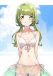  1girl arms_behind_back bangs bikini bikini_skirt blush breasts cloud collarbone commentary_request cowboy_shot frilled_bikini frills front-tie_bikini front-tie_top green_eyes green_hair halterneck highres inflatable_toy long_hair looking_at_viewer morinaka_kazaki navel nijisanji side-tie_bikini small_breasts smile solo swimsuit twintails virtual_youtuber white_bikini yuama_(drop) 