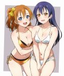  2girls :d bikini bikini_day blue_eyes blue_hair blush bow breasts cleavage collarbone commentary_request cowboy_shot front-tie_bikini front-tie_top grey_background hair_bow halterneck jewelry kousaka_honoka looking_at_viewer love_live! love_live!_school_idol_project medium_breasts multiple_girls navel necklace one_side_up open_mouth orange_bikini orange_eyes orange_hair revision side-tie_bikini simple_background smile sonoda_umi swimsuit turkey_min white_bikini yellow_bow 