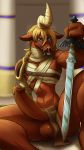  9:16 after_transformation anthro armor balls bandage blin_(tloz) blonde_hair blue_eyes blush breath_of_the_wild clothing clothing_aside diaszoom digital_media_(artwork) erection genitals hair hi_res horn link loincloth loincloth_aside male master_sword melee_weapon moblin monster nintendo pauldron penis simple_background solo sword the_legend_of_zelda tongue transformation video_games weapon 
