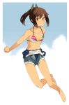  1girl bangs bare_arms bare_legs barefoot bikini bikini_top bikini_under_clothes brown_eyes brown_hair collarbone cutoffs eyebrows_visible_through_hair floral_print full_body grey_shorts grin hair_ornament hairclip i-401_(kantai_collection) kantai_collection layered_swimsuit looking_at_viewer navel open_fly ponytail sakura_(medilore) school_swimsuit short_hair short_ponytail shorts sidelocks smile solo swimsuit swimsuit_pull swimsuit_under_clothes tan two-tone_background white_bikini 