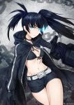  1girl bikini black_hair black_rock_shooter black_rock_shooter_(character) blue_eyes chain coat dr.beeeee flaming_eye glowing glowing_eye highres long_hair midriff pale_skin scar shorts swimsuit twintails uneven_twintails 