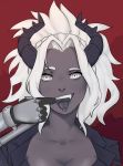  20520 demon digital_media_(artwork) eyebrows eyelashes female fluffyroko hair helltaker hi_res humanoid judgement_(helltaker) not_furry open_mouth smile solo teeth tongue white_eyes white_hair 