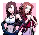  2girls :d aerith_gainsborough bangs black_gloves black_hair black_skirt border braid braided_ponytail breasts brown_hair clenched_hands cropped_jacket datcravat dress elbow_gloves final_fantasy final_fantasy_vii final_fantasy_vii_remake gloves green_eyes hands_on_hips highres jacket jewelry lips long_hair looking_at_viewer low-tied_long_hair medium_breasts midriff multiple_girls navel open_clothes open_jacket open_mouth parted_bangs parted_lips pink_background pink_dress red_eyes red_jacket simple_background skirt smile suspender_skirt suspenders tank_top tifa_lockhart upper_body white_border white_tank_top 