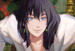  1boy artist_name black_hair blouse blue_eyes blurry blurry_background clivenzu commentary depth_of_field derivative_work english_commentary glint hair_between_eyes highres howl_(howl_no_ugoku_shiro) howl_no_ugoku_shiro jewelry leaning_forward long_hair looking_at_viewer male_focus necklace screencap_redraw shirt smile solo upper_body white_blouse white_shirt 