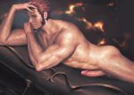  1boy abs absurdres bara beard blue_eyes body_hair brown_hair chest erection facial_hair fate/grand_order fate_(series) hand_in_hair highres huge_weapon looking_at_viewer lying male_focus masturbation muscle napoleon_bonaparte_(fate/grand_order) nude on_stomach paid_reward patreon_reward penguin_frontier penis scar smile solo veins veiny_penis weapon 