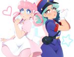  2girls absurdres blue_eyes blue_headwear brown_eyes doopiedoover eyebrows_visible_through_hair finger_gun gloves green_hair hat heart highres joy_(pokemon) junsaa_(pokemon) lipstick looking_at_viewer makeup multiple_girls nurse_cap parted_lips pink_hair pokemon red_lipstick short_hair short_sleeves star_(symbol) white_gloves 