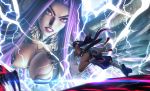  2girls angry ass battle black_hair breasts cloud.d covered_nipples detached_sleeves electricity fate/grand_order fate_(series) giantess gorgon_(fate) highres large_breasts long_hair looking_at_another multiple_girls purple_eyes purple_hair running single_legging slit_pupils sword underboob ushiwakamaru_(fate/grand_order) weapon 