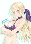 1girl absurdres bikini blonde_hair blue_bikini breasts cleavage commentary_request french_flag_bikini green_eyes hair_between_eyes highres kantai_collection long_hair looking_at_viewer medium_breasts mole mole_under_eye mole_under_mouth nitamago_(sakamalh) ponytail richelieu_(kantai_collection) solo swimsuit twitter_username upper_body white_background 