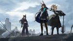  3girls absurdres amiya_(arknights) animal_ears arknights armor bangs black_dress black_gloves black_hair black_jacket black_legwear black_pants black_shirt blonde_hair blue_eyes breastplate brown_hair bunny_ears cloud cloudy_sky crop_top dobermann_(arknights) dog_ears dress full_body gloves hair_between_eyes highres holding jacket large_tail long_hair midriff multiple_girls nearl_(arknights) outdoors pants pantyhose planted_weapon ponytail shield shirt shoes sky standing stomach tail very_long_hair weapon whip white_shirt zhanzheng_zi 