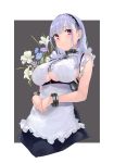  1girl anchor_choker anchor_necklace apron azur_lane black_hairband breasts center_frills choker dido_(azur_lane) flower frilled_choker frills from_below hairband highres lace-trimmed_hairband large_breasts long_hair maid maid_apron maid_dress marble_(marblesized) purple_eyes solo underboob underboob_cutout waist_apron white_apron white_hair 