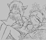 2020 annoyed anthro ariah_(bloodline) bikini bottomwear canid canine canis clothed clothing dryad duo female flower happy hi_res keine_(bloodline) lying male mammal monochrome partially_clothed plant plant_clothing shorts simple_background sketch swimwear topless w0lfmare wolf 