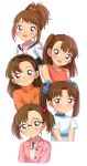  5girls :d absurdres bangs black-framed_eyewear blue_bow blue_eyes blush bow brown_hair brown_hairband child collared_shirt commentary_request cropped_torso eyebrows_visible_through_hair glasses green_eyes hair_bobbles hair_bow hair_ornament hairband higashio_maria highres itou_megumi_(meitantei_conan) long_hair looking_at_viewer matsunaka_yuriko meitantei_conan multiple_girls open_mouth orange_sweater pink_shirt ponytail purple_eyes red_shirt round_eyewear sekina shirt side_ponytail simple_background sleeveless sleeveless_shirt smile sweater t-shirt tabuse_haruna tsukumo_ayano twintails white_background 