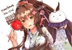  1girl brown_hair cake_no_shaberu cherry_blossoms flower hair_flower hair_ornament japanese_clothes kantai_collection kimono long_hair looking_at_viewer open_mouth ponytail yamato_(kantai_collection) 