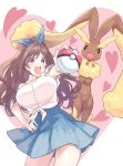  1girl animal_ears bangs blue_bow blue_skirt blush bow breasts brown_eyes brown_hair bunny_ears cowboy_shot gen_4_pokemon hair_bow heart highres holding holding_poke_ball idolmaster idolmaster_shiny_colors large_breasts long_hair looking_at_viewer lopunny miniskirt open_mouth pink_eyes pink_heart poke_ball poke_ball_(generic) pokemon pokemon_(creature) ponytail round_teeth skirt sutora_binsuke swept_bangs teeth tsukioka_kogane 