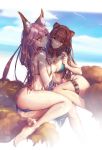  2girls absurdres animal_ear_fluff animal_ears ass bare_legs barefoot beach bikini blue_bikini blurry blurry_background bracelet breasts brown_hair closed_mouth crossover day depth_of_field fate/grand_order fate_(series) flower from_side hair_between_eyes head_tilt highres huge_filesize jewelry large_breasts long_hair looking_at_viewer medium_breasts mitsu_(mitsu_art) multiple_girls outdoors paid_reward patreon_reward photoshop_(medium) pink_hair pulled_by_self raphtalia side-tie_bikini sideboob smile strap_gap strap_pull string_bikini swimsuit tail tamamo_(fate)_(all) tamamo_no_mae_(swimsuit_lancer)_(fate) tate_no_yuusha_no_nariagari tattoo thigh_strap yellow_eyes 