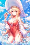  1girl absurdres albinoraccoon azur_lane backless_swimsuit bare_shoulders blonde_hair blue_sky blush breasts cleavage closed_mouth cloud covered_navel cup day eyebrows_visible_through_hair frilled_swimsuit frills hair_ornament hat highleg highleg_swimsuit highres holding holding_cup in_water large_breasts long_hair looking_at_viewer one-piece_swimsuit outdoors parfait red_eyes red_swimsuit richelieu_(azur_lane) richelieu_(flagship_in_the_sea_breeze)_(azur_lane) scrunchie side-tie_swimsuit sky solo sun_hat swimsuit thighs water_drop white_headwear white_scrunchie 