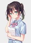  1girl :o black_hair blush cable collared_shirt commentary earphones eyebrows_visible_through_hair eyelashes green_eyes green_hair grey_background hair_between_eyes hand_on_ear hand_up holding_sheet looking_at_viewer love_live! love_live!_school_idol_festival_all_stars medium_hair moyui_(myi_005) multicolored_hair neck_ribbon paper pink_neckwear pink_ribbon ribbon sheet_music shirt short_sleeves sidelocks simple_background solo takasaki_yuu twintails twitter_username two-tone_hair upper_body white_shirt 