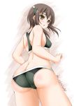  1girl akimoto_dai ass bikini brown_eyes brown_hair butt_crack commentary_request contrapposto dated from_behind grey_bikini headband headgear highres kantai_collection looking_at_viewer looking_back short_hair solo sports_bikini swimsuit taihou_(kantai_collection) twitter_username white_background 