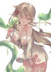  areola breasts clothing damaged_clothing elf female green_tentacles hair hair_over_eye hi_res humanoid humanoid_pointy_ears ishuzoku_reviewers mon1bm nipples one_eye_obstructed open_mouth pubes slime tan_clothing tan_hair tentacles tongue translucent translucent_tentacles 